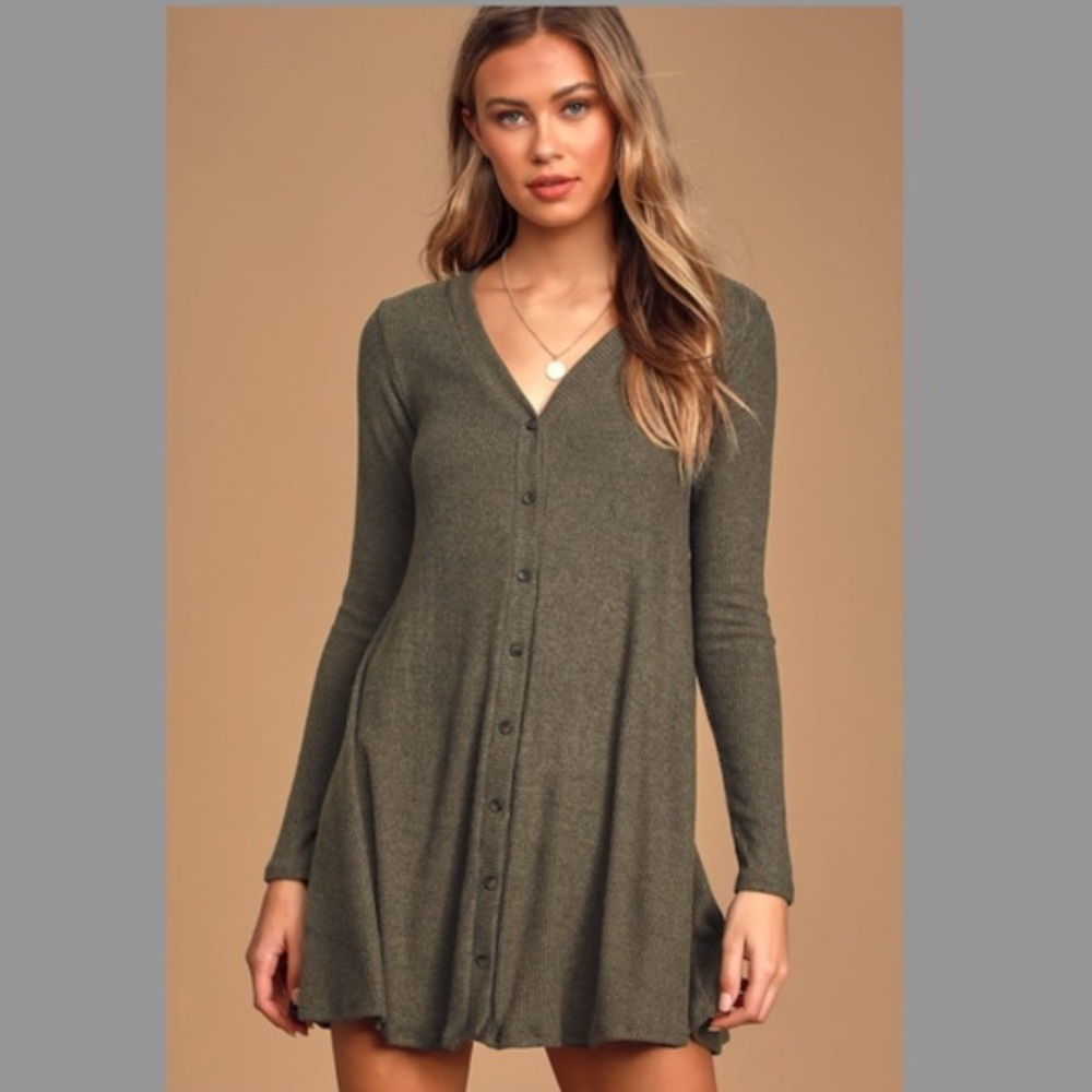 NWT Lulu’s Sweet Comfort Heather Olive Green Button-Front Sweater Dress